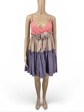 Dejavu Cotton Tricolor Tiered Ruffle Babydoll Dress - Coral, Beige & Lavender